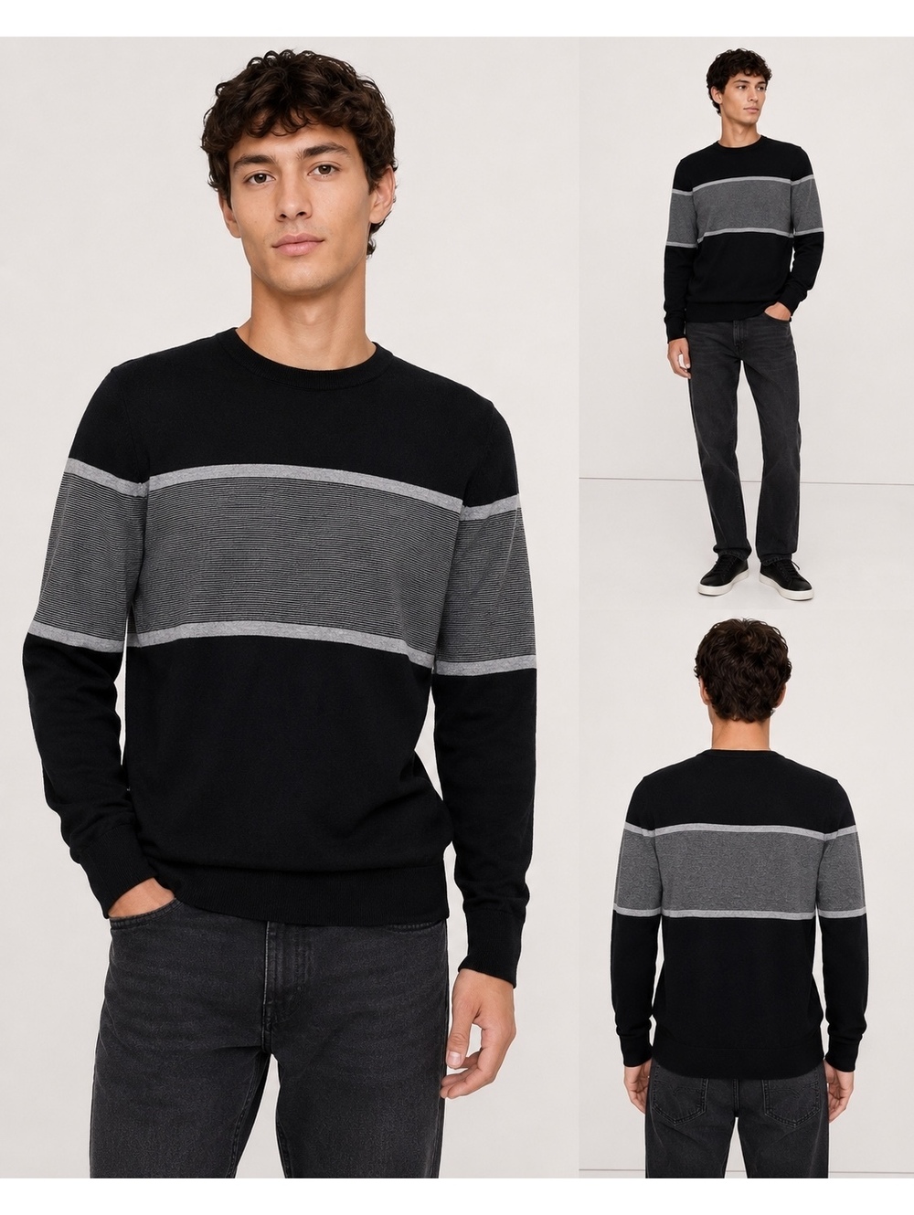 Banana Republic 100% Merino Wool Sweater Men’s Medium Black Gray Striped